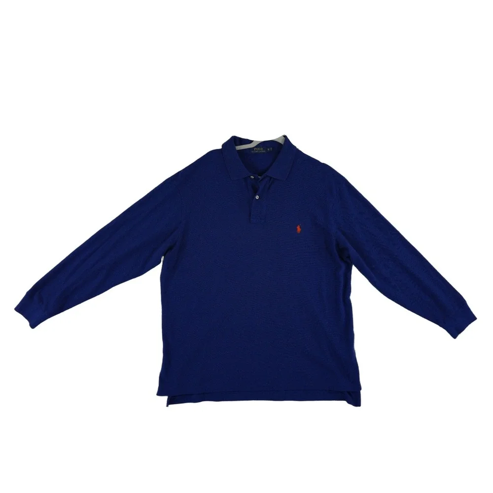 Polo Ralph Lauren Polo Shirt Men's Size XLT Blue Long Sleeve Tall Mesh Orange